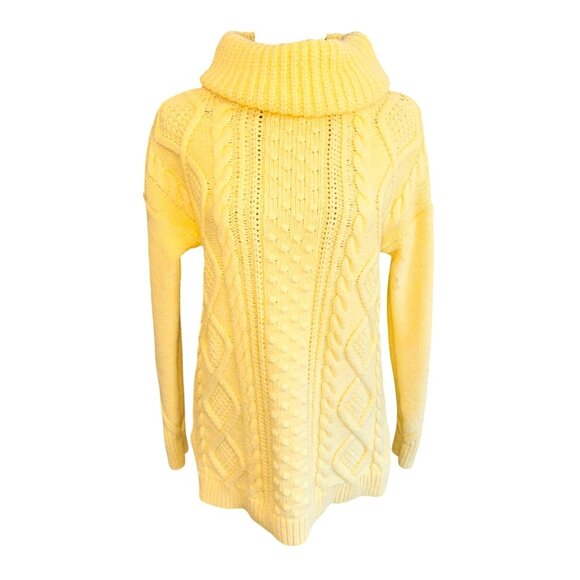 Lands End Yellow Heavy Cable Knit Cowl Neck Sweater Oversized Fisherman Cotton - Picture 1 of 11